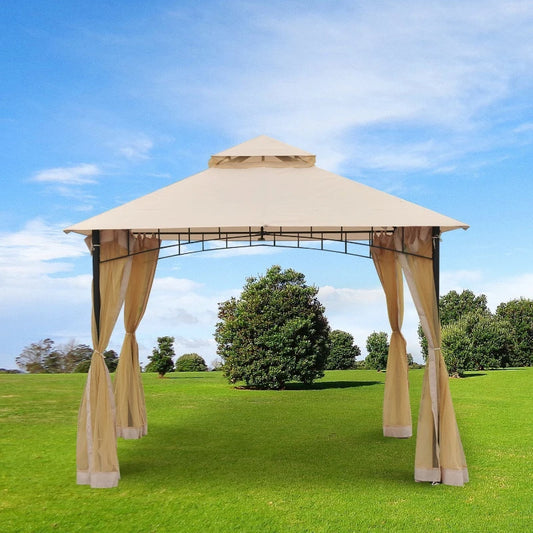 10' x 10' Double Tier Garden Gazebo Canopy Outdoor Sunshade Tent Water-Resistant Anti-UV Roof with Metal Frame and Mesh Sidewalls, Beige