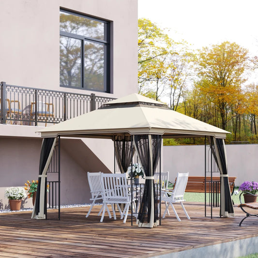 10'x10' Soft-top Patio Gazebo Deck Canopy with Double Tier Roof, Removable Mesh Curtains, Display Shelves, Top Hooks