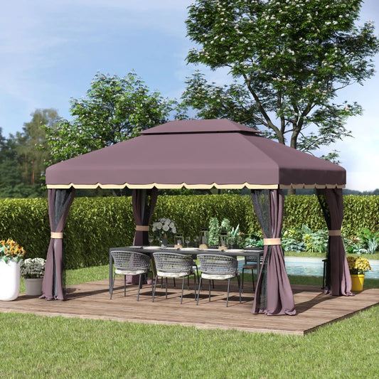10 x 13ft Aluminum Frame Gazebo Canopy Double Tier Garden Shelter with Netting and Curtains, Coffee