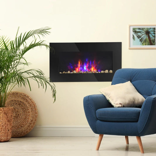 1500W Electric Fireplace Heater Wall Mounted With Remote Control LED Flame 7 Color