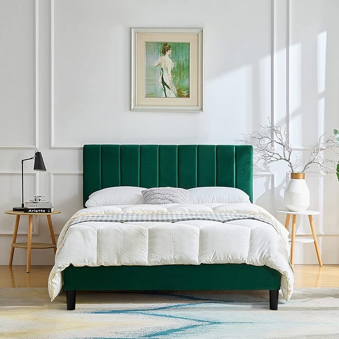 Queen Size Platform Bed Frame Green VelvetBed Frame