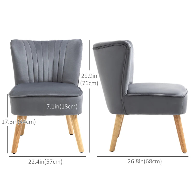 Velvet Armless Chair, Modern Accent Chair for Living Room with Wood Legs and Thick Padding, Grey