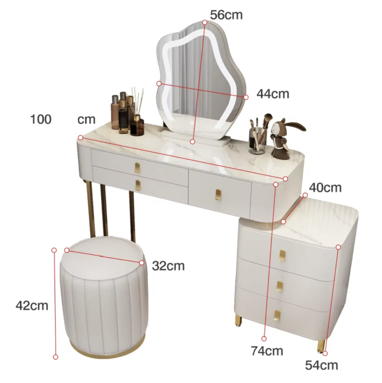 Customized Luxury Vanity Desk with 3 Colors LED Light Mirror Dressing Table