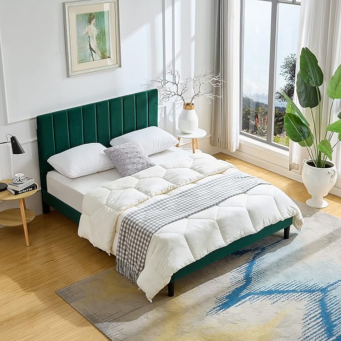 Queen Size Platform Bed Frame Green VelvetBed Frame