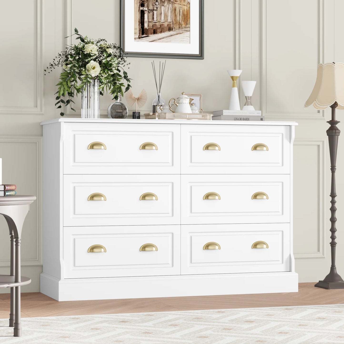 6 Drawer White Double Dresser for Bedroom, Gold Handle Drawer Chest Wood Storage Cabinet for Living Room, White