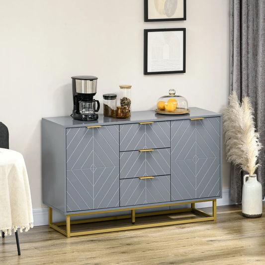 3-Drawer Sideboard, Contemporary Buffet Cabinet with 2 Door Cabinet and Adjustable Shelves, Kitchen Storage Cabinet, Steel Elevated Base Credenza, Grey