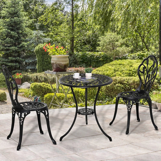 3PCs Patio Bistro Set, Outdoor Cast Aluminum Garden Table and Chairs with Umbrella Hole for Balcony, Black