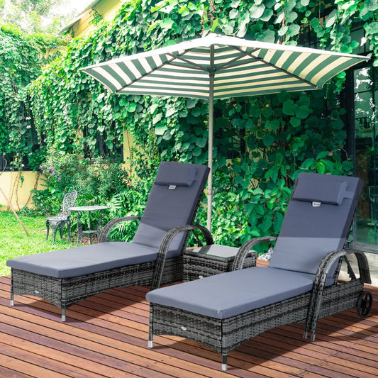 3 Pieces Patio Rattan Chaise Lounge Set, Outdoor PE Wicker Reclining Lounger Furniture Set, Adjustable Portable with Wheeled & Side Table