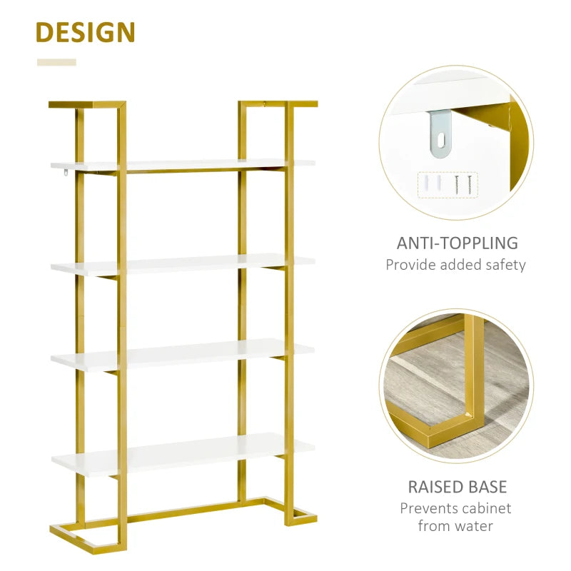 4-Tier Bookshelf, Bookcase Ladder Shelf with Stable Metal Frame, Tall Organizer Multifunctional Rack for Living Room, Bedroom, Kitchen, White and Gold