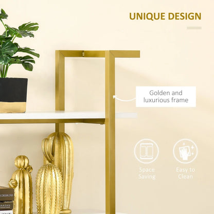 4-Tier Bookshelf, Bookcase Ladder Shelf with Stable Metal Frame, Tall Organizer Multifunctional Rack for Living Room, Bedroom, Kitchen, White and Gold
