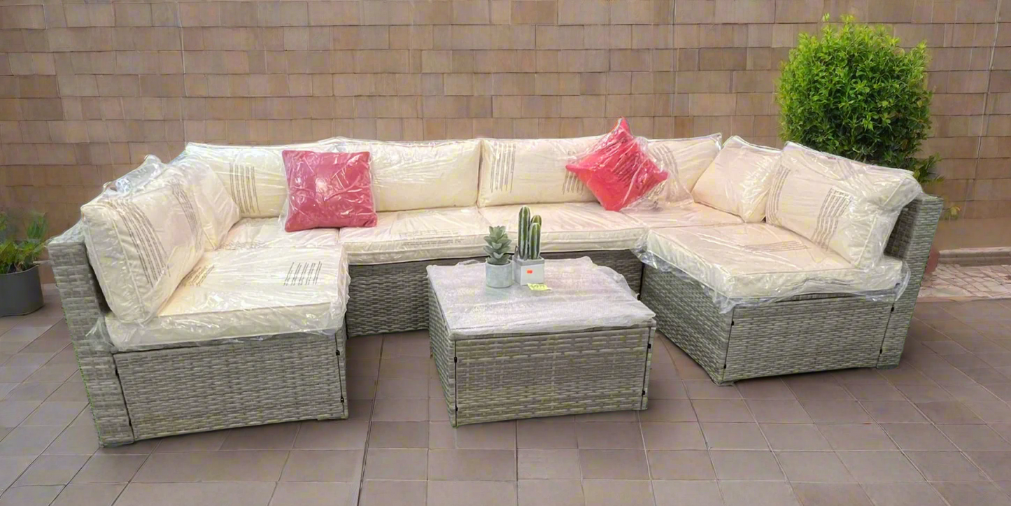 7-Piece Grey Rattan Outdoor Patio Sectional Sofa with Coffee Table & Cushions