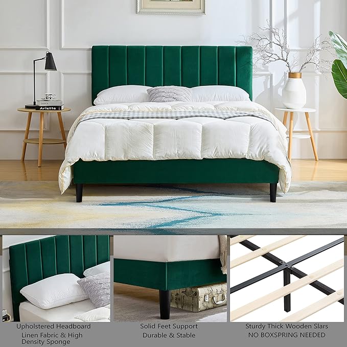 Queen Size Platform Bed Frame Green VelvetBed Frame