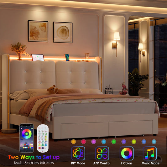 Queen Size LED Bed Frame with Drawer, Velvet Crystal Button Upholstered Platform Bed Frame with Outlets and USB Ports & Display Platform, No Box Spring Needed, Beige