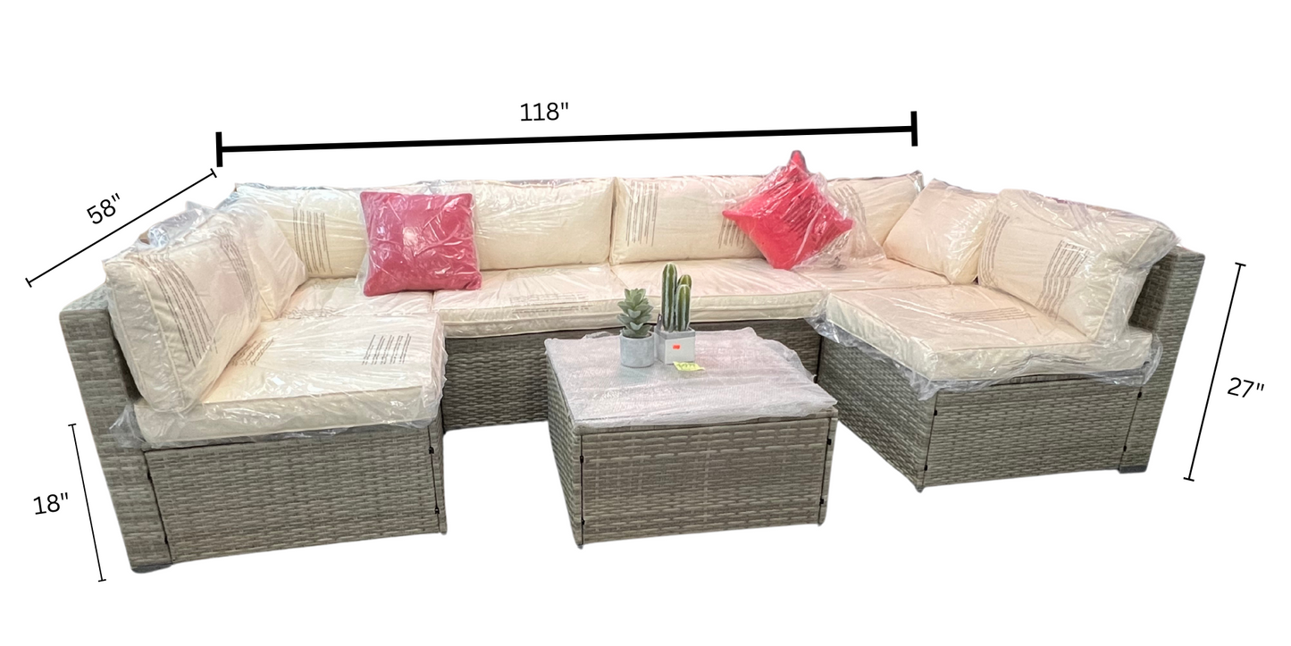 7-Piece Grey Rattan Outdoor Patio Sectional Sofa with Coffee Table & Cushions
