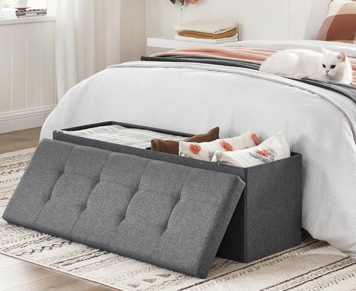 43 Inches Folding Storage Ottoman Bench, Storage Chest, Foot Rest Stool, Dark Gray