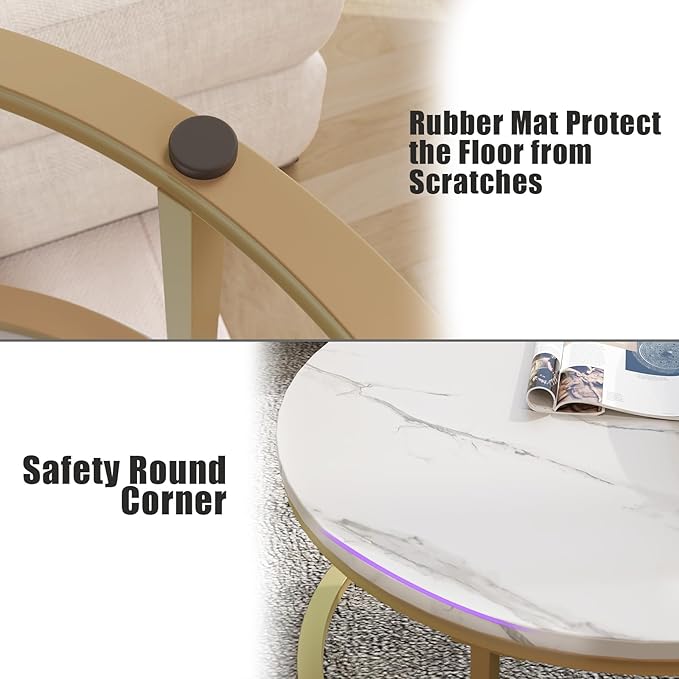 Round Coffee Table Set of 2, Stacking Modern End Table Center Table with Gold Metal Frame and Faux Marble Top
