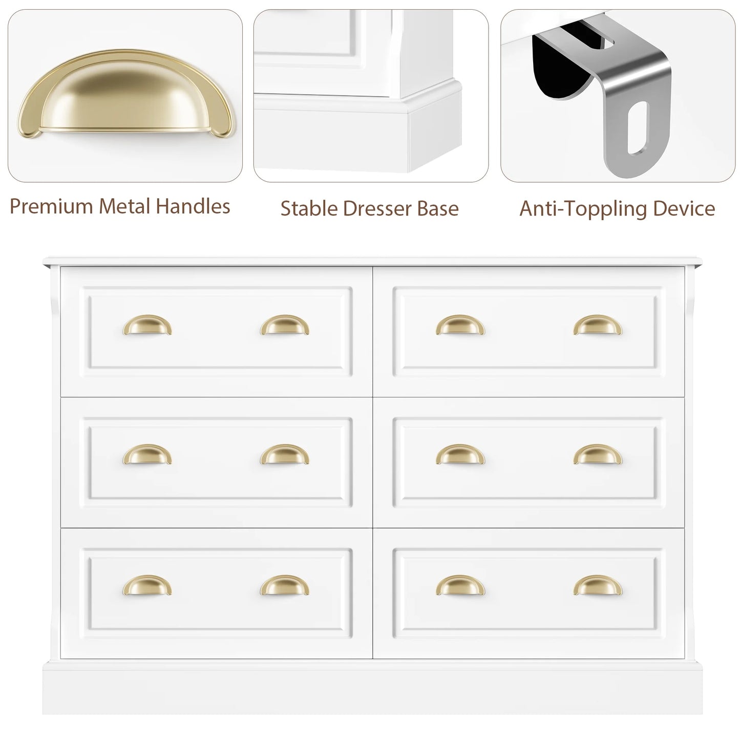 6 Drawer White Double Dresser for Bedroom, Gold Handle Drawer Chest Wood Storage Cabinet for Living Room, White