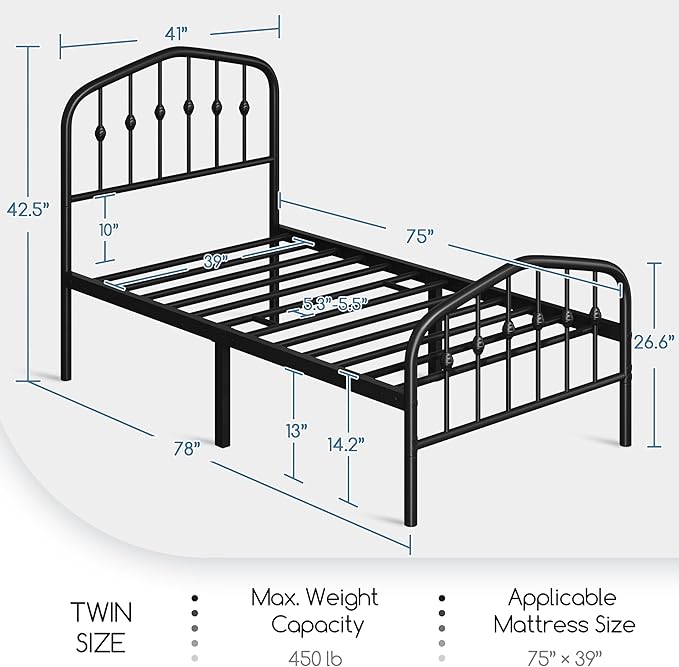 Metal Frame Bed, Black, Twin size, Iron Headboard and Footboard