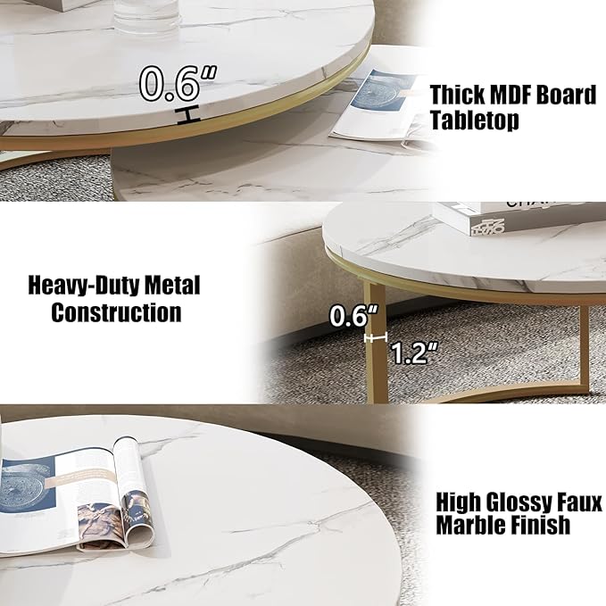 Round Coffee Table Set of 2, Stacking Modern End Table Center Table with Gold Metal Frame and Faux Marble Top