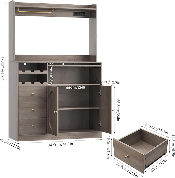Kitchen Pantry Storage Cabinet with Hutch, Buffet Cabinet with Storage, Coffee Bar Cabinets with Power Outlets, Microwave Stand, Wine Racks, Wash Gray