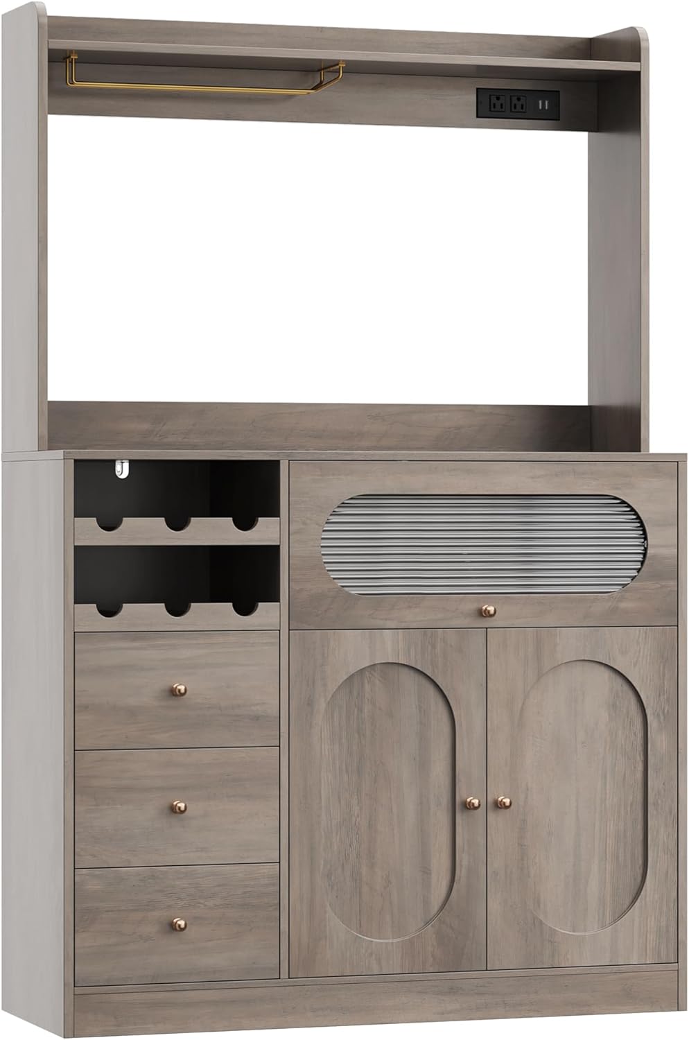 Kitchen Pantry Storage Cabinet with Hutch, Buffet Cabinet with Storage, Coffee Bar Cabinets with Power Outlets, Microwave Stand, Wine Racks, Wash Gray