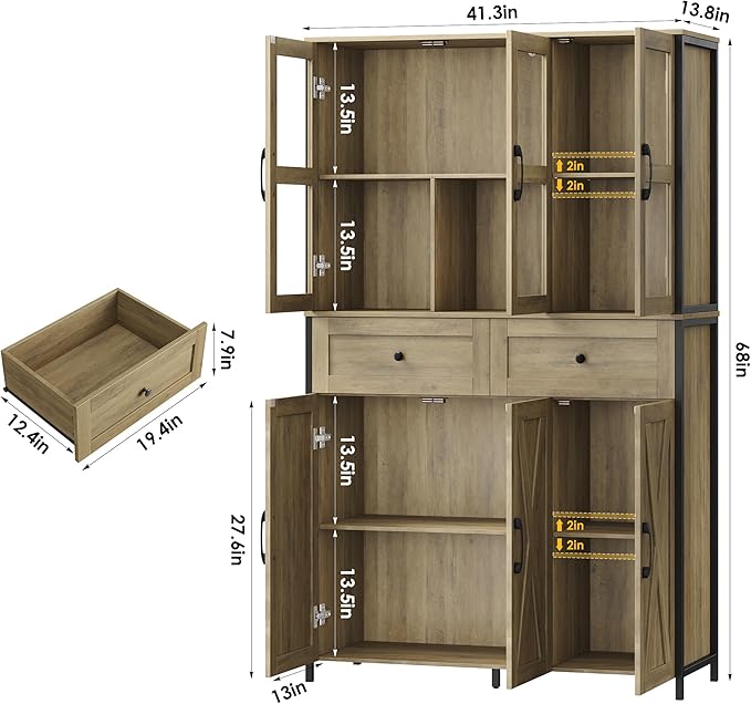 41.3" Large Kitchen Pantry Cabinet with Clear Glass Doors, 2 Drawers & Adjustable Shelves, Freestanding Storage Hutch with Metal Frame for Living Room, Dining Room, and Kitchen, Rustic Brown