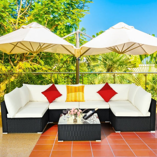 MMW 7 Pieces Outdoor Patio Wicker Sectional Conversation Sofa Set w/ Cushions & Coffee Table