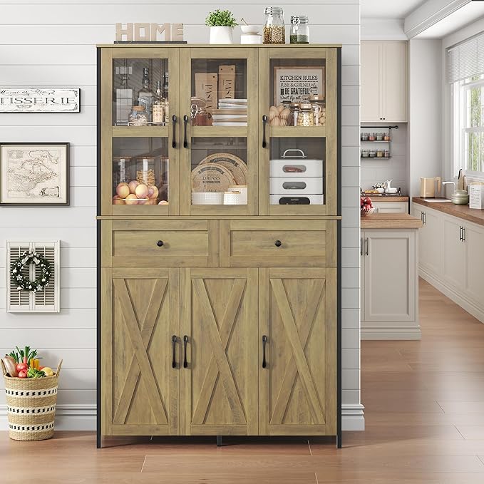 41.3" Large Kitchen Pantry Cabinet with Clear Glass Doors, 2 Drawers & Adjustable Shelves, Freestanding Storage Hutch with Metal Frame for Living Room, Dining Room, and Kitchen, Rustic Brown
