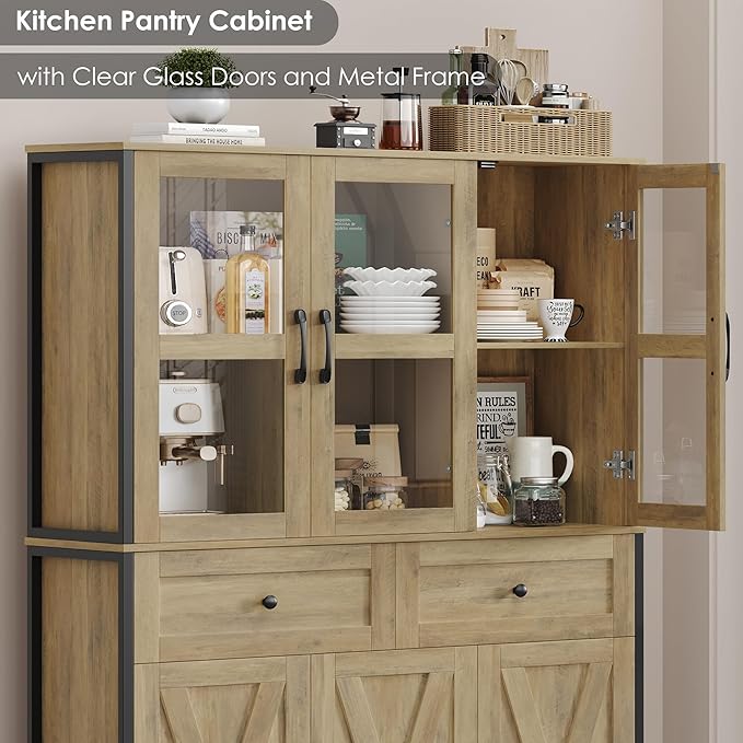 41.3" Large Kitchen Pantry Cabinet with Clear Glass Doors, 2 Drawers & Adjustable Shelves, Freestanding Storage Hutch with Metal Frame for Living Room, Dining Room, and Kitchen, Rustic Brown
