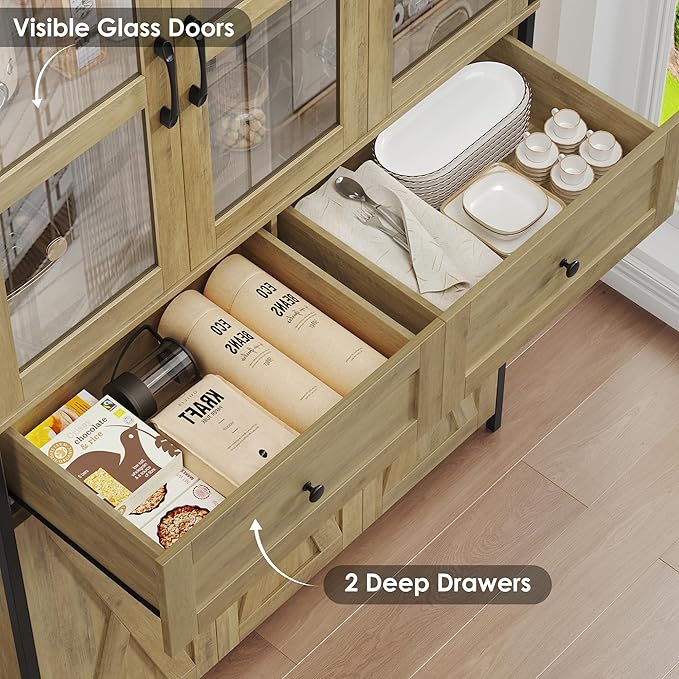 41.3" Large Kitchen Pantry Cabinet with Clear Glass Doors, 2 Drawers & Adjustable Shelves, Freestanding Storage Hutch with Metal Frame for Living Room, Dining Room, and Kitchen, Rustic Brown