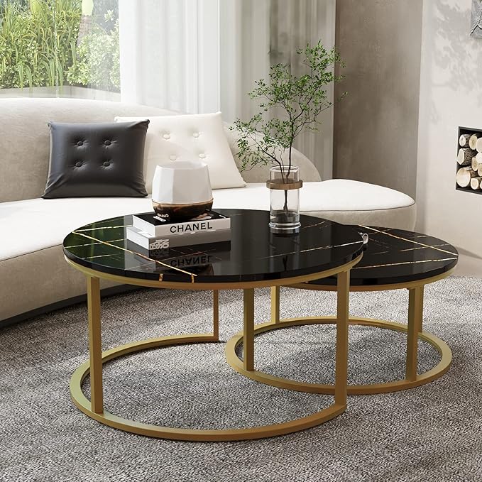 Round Coffee Table Set of 2, Stacking Modern End Table Center Table with Gold Metal Frame and Faux Marble Top