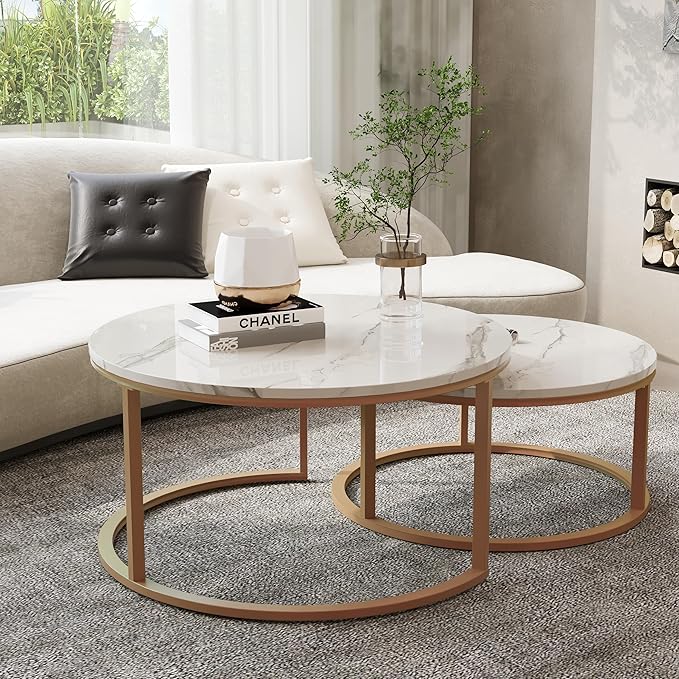 Round Coffee Table Set of 2, Stacking Modern End Table Center Table with Gold Metal Frame and Faux Marble Top