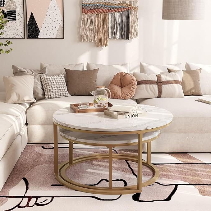 Round Coffee Table Set of 2, Stacking Modern End Table Center Table with Gold Metal Frame and Faux Marble Top