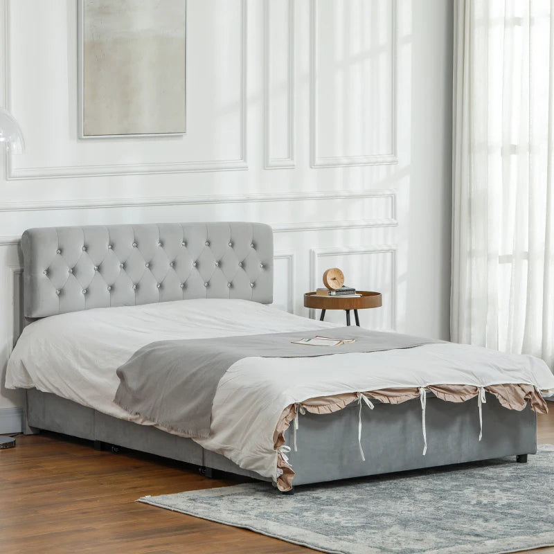 Full Bed Frame with Headboard, Double Bed Frame with 2 Drawers, No Box Spring Needed, Easy Assembly, Light Grey