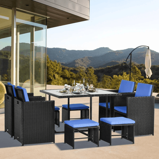 9 Piece Patio Wicker Dining Set Rattan Garden Sectional Sofa Outdoor Space-Saving Armchair & Ottoman Furniture Sets w/ Cushion