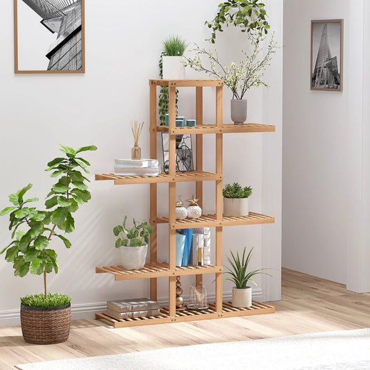 Bamboo Plant Stand, Flower Shelf, Utility Shelving Standing Unit, 6 Tier Display Rack Storage Organizer for Living Room Balcony Hallway Bathroom, Natural