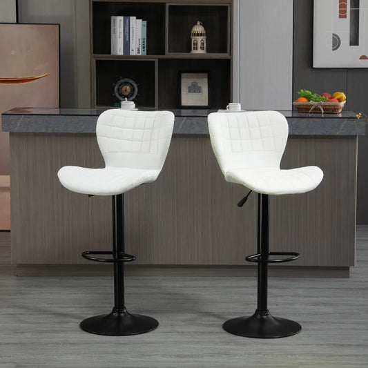 Bar Stools Set of 2 Adjustable Height Swivel Bar Chairs in PU Leather with Backrest & Footrest, White