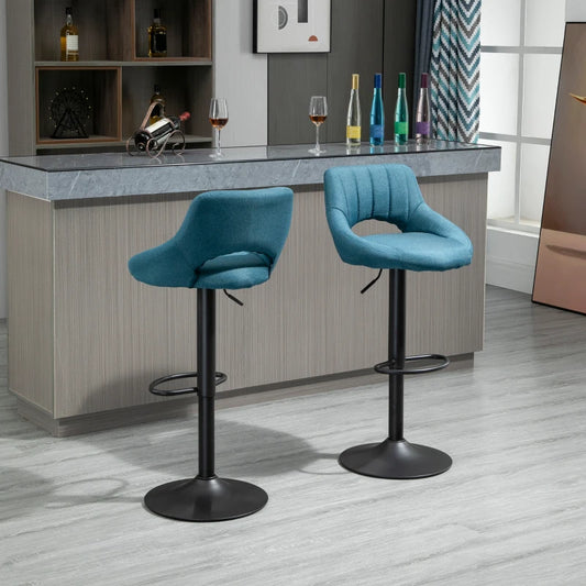 Bar Stools Set of 2, Swivel Counter Height Barstools with Adjustable Height, Linen Upholstered Bar Chairs with Round Metal Base and Footrest, Blue