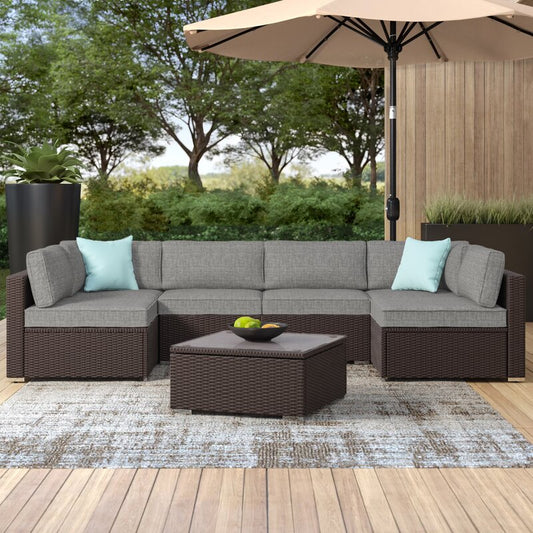 MMW 7 Pieces Outdoor Patio Wicker Sectional Conversation Sofa Set w/ Cushions & Coffee Table, Grey