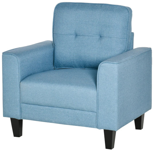 Button Tufted Armchair Modern Single Sofa Chair Upholstered Accent Chair with Rubber Wood Legs and Thick Padding Mid-Back for Living Room and Bedroom, Light Blue