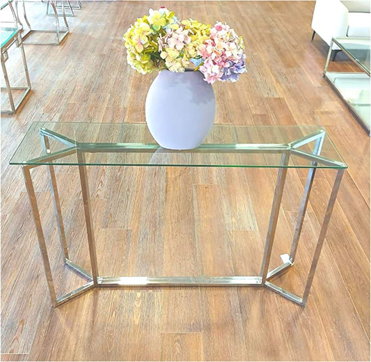 HomeBelongs Console Table In Tempered Glass And Chrome Base