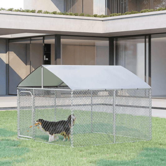 Dog Kennel Outdoor Run Fence with Roof, Steel Lock, Mesh Sidewalls for Backyard & Patio, 9.8' x 9.8' x 7.7'
