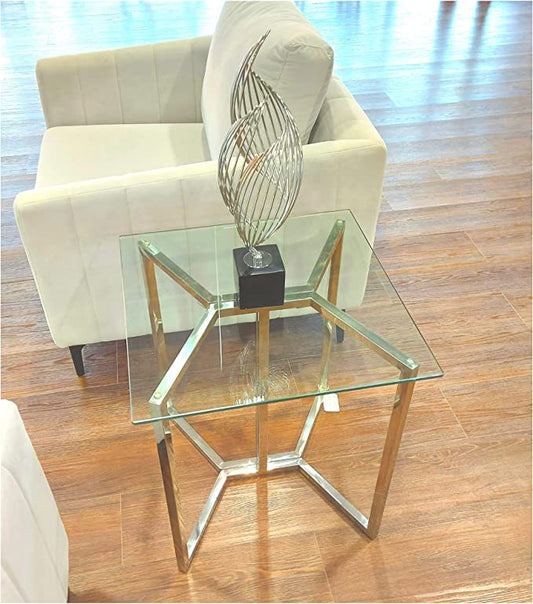 HomeBelongs End Table In Tempered Glass Top And Chrome Steel Base