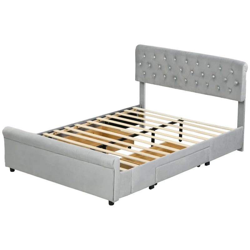 Full Bed Frame with Headboard, Double Bed Frame with 2 Drawers, No Box Spring Needed, Easy Assembly, Light Grey