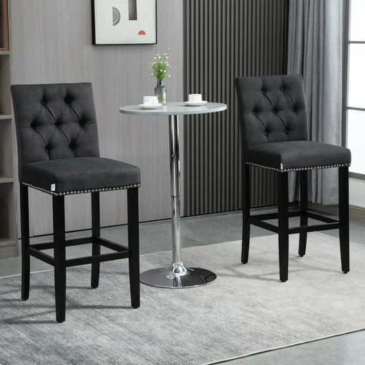 Fabric Bar Stool Set of 2, Tall 29.5" Seat Height Bar Chairs with Tufted Back & Wood Legs, Dark Grey