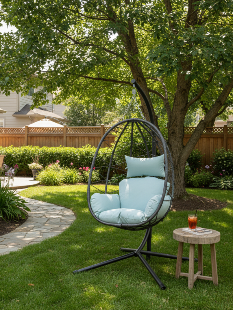 Rattan egg-shaped basket with light blue cushions