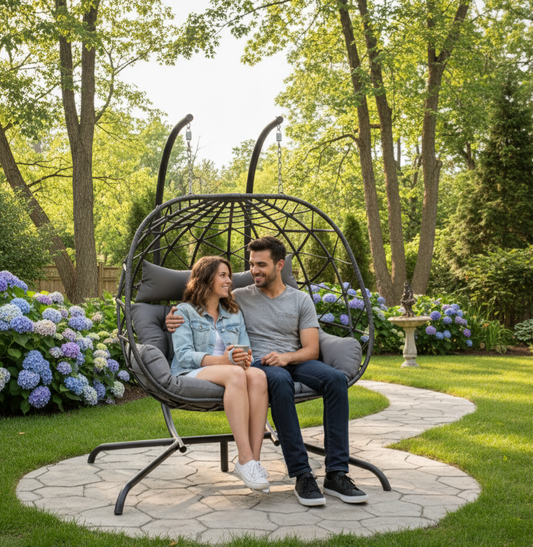 Rattan Two-Seater Patio Egg Chair, Grey Cushion, Hanging Egg Chair