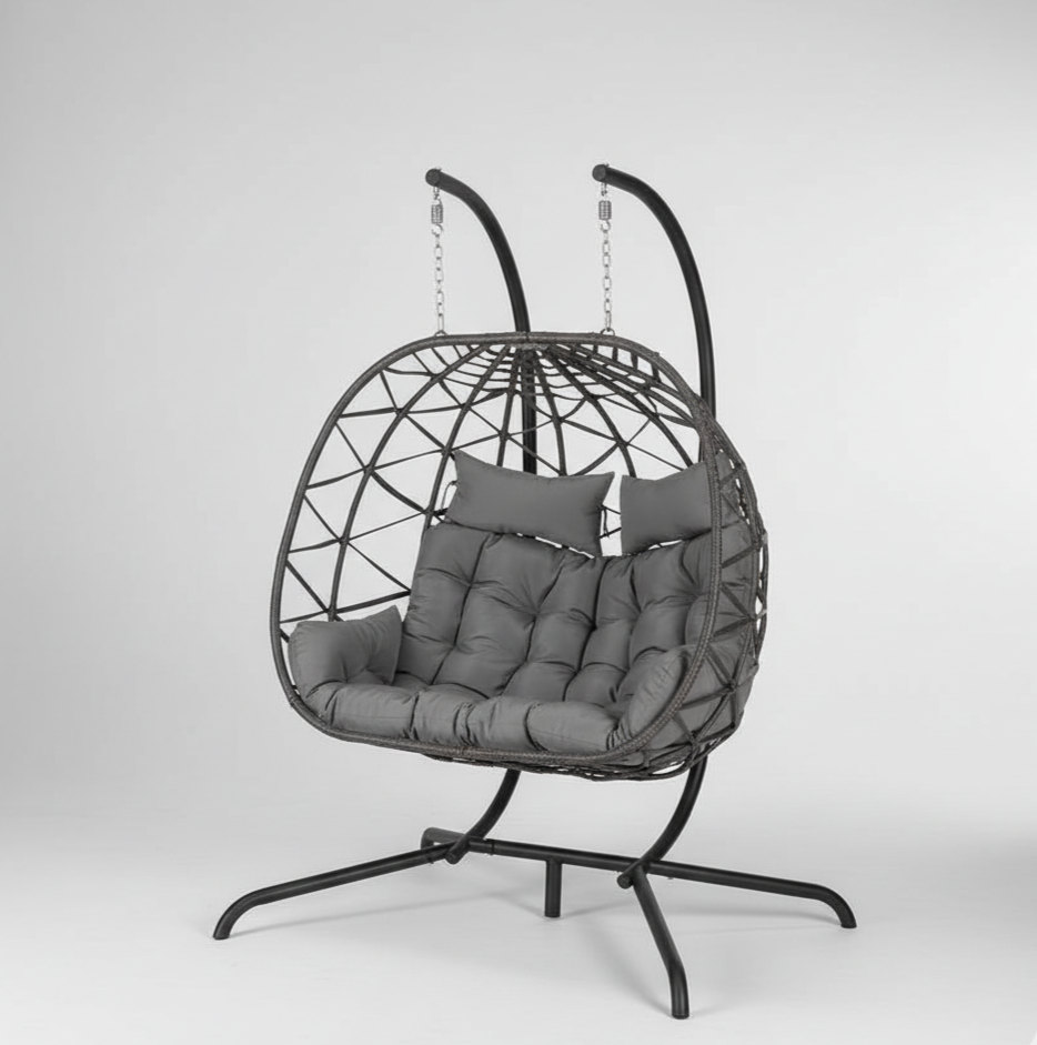 Rattan Two-Seater Patio Egg Chair, Grey Cushion, Hanging Egg Chair