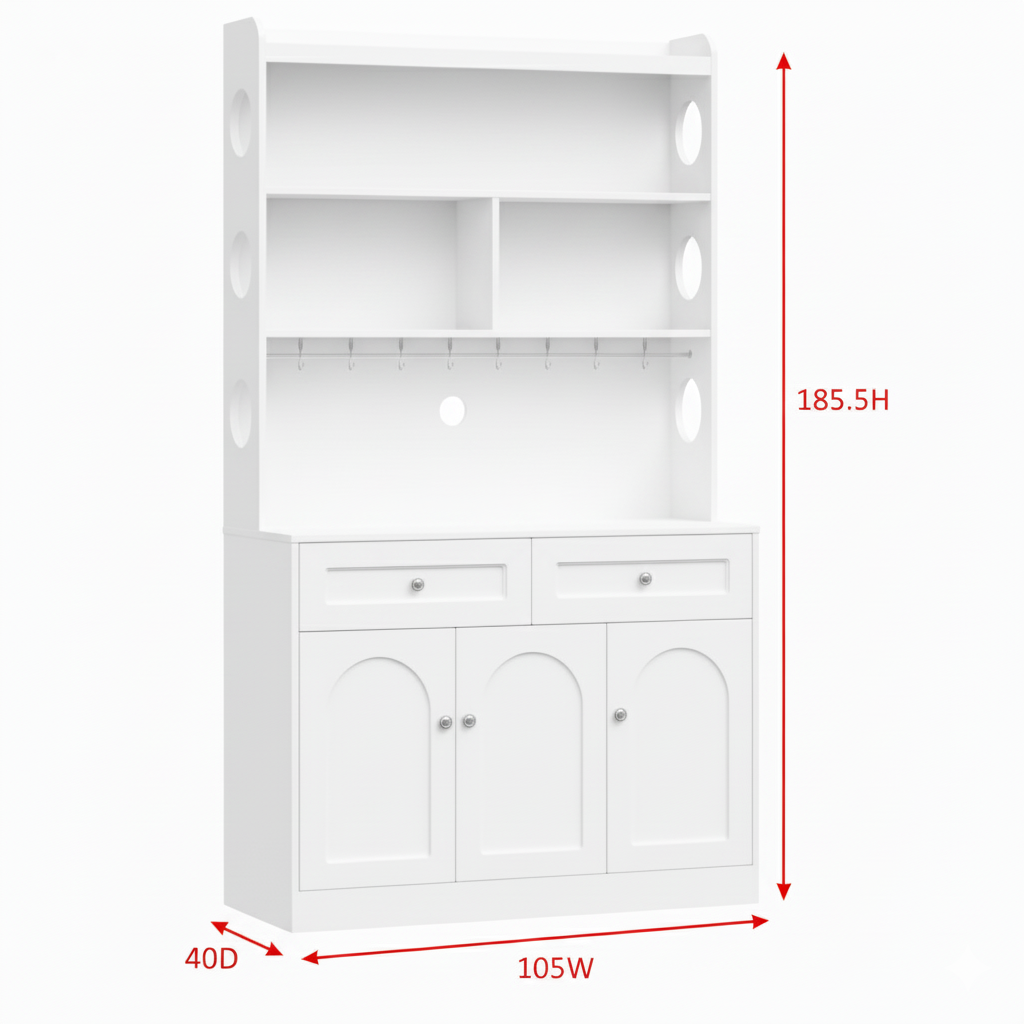 White Kitchen Pantry Cabinet with Hutch, Coffee Bar Station, 185.5cm Height Storage Organizer, Adjustable Shelves, 8 Mug Hooks, Modern Farmhouse Design