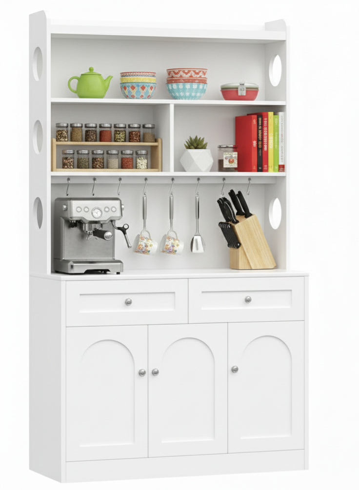 White Kitchen Pantry Cabinet with Hutch, Coffee Bar Station, 185.5cm Height Storage Organizer, Adjustable Shelves, 8 Mug Hooks, Modern Farmhouse Design